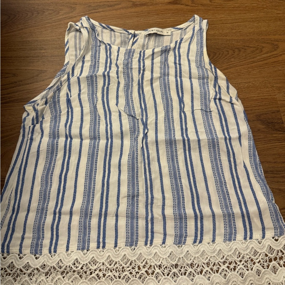 Blue and White Lace Trim Tank Top
